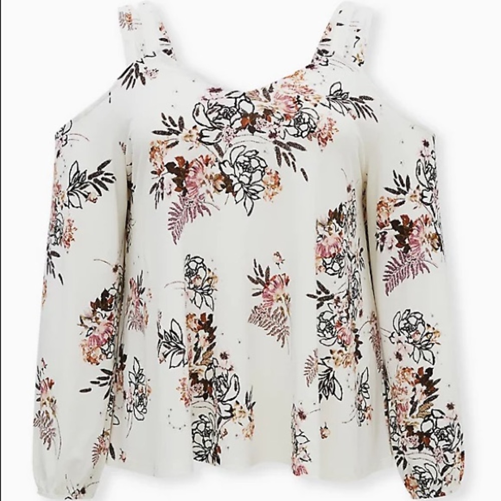 WHITE FLORAL CREPE BALLOON SLEEVE COLD SHOULDER